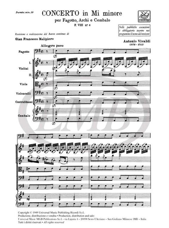 Vivaldi, Antonio: CONC. PER FG., ARCHI E B.C.: IN MI MIN - Ricordi