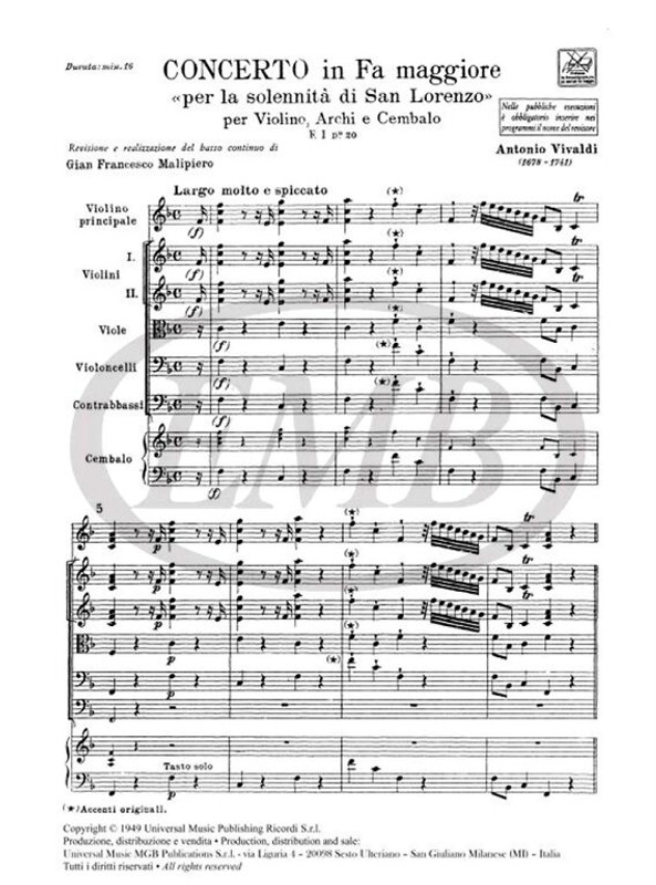 Vivaldi, Antonio: CONC. PER VL., ARCHI E B.C.: IN FA 'PER LA SOLENNITA DI S. / LORENZO' RV 286 - F.I/20 / Ricordi / 1984