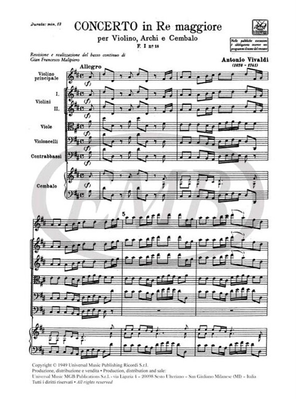 Vivaldi, Antonio: CONCERTO IN RE MAGGIORE, PER VIOLINO, ARCHI E CEMBALO / F.I/18 - RV 232 / Ricordi / 1984