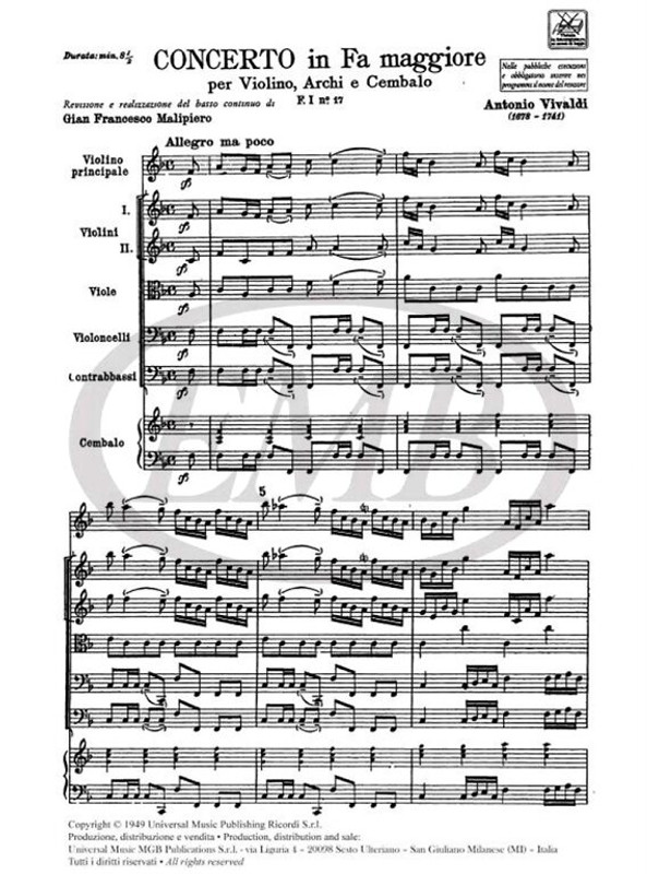 Vivaldi, Antonio: CONC. PER VL., ARCHI E B.C.: IN FA RV 288 - F.I/17 / Ricordi / 1970