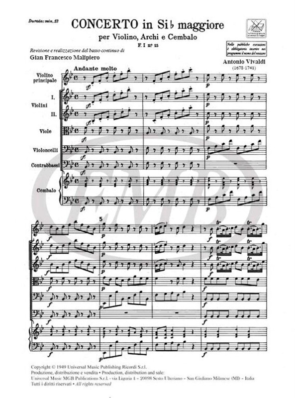 Vivaldi, Antonio: Conc. Per Vl., Archi E B.C.: In Si Bem. Rv 380 - F.I/15 / Ricordi / 1984