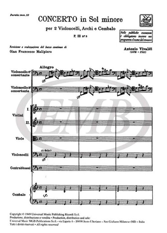Vivaldi, Antonio: CONC. PER VC., ARCHI E B.C.: PER 2 VC. IN SOL MIN. RV 531 / score / Ricordi