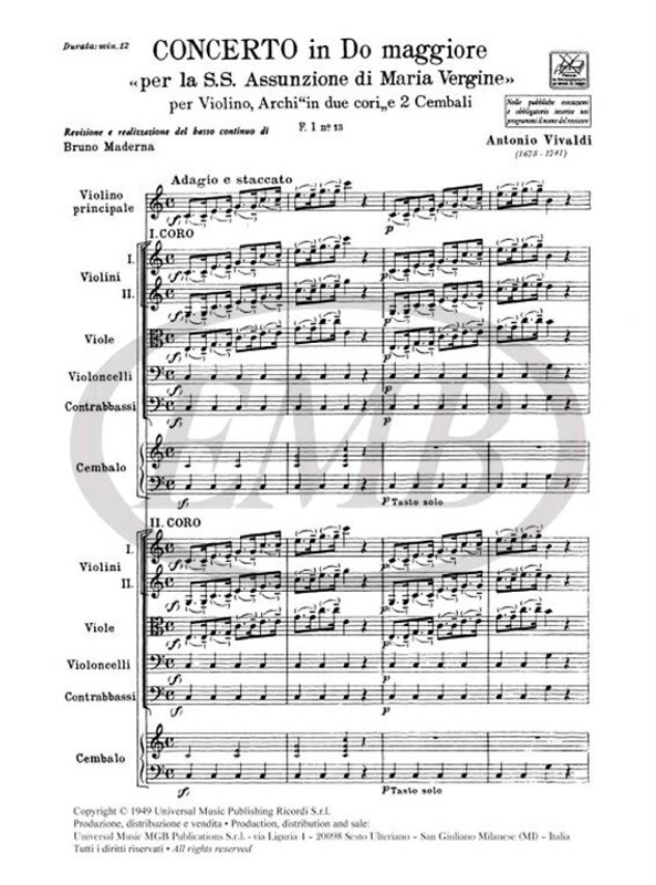 Vivaldi, Antonio: CONC. PER VL., ARCHI E B.C.: IN DO 'IN DUE CORI' 'PER LA S / S. ASSUNZIONE DI MARIA VERGINE' RV 581 - F.I/13 / Ricordi / 1970