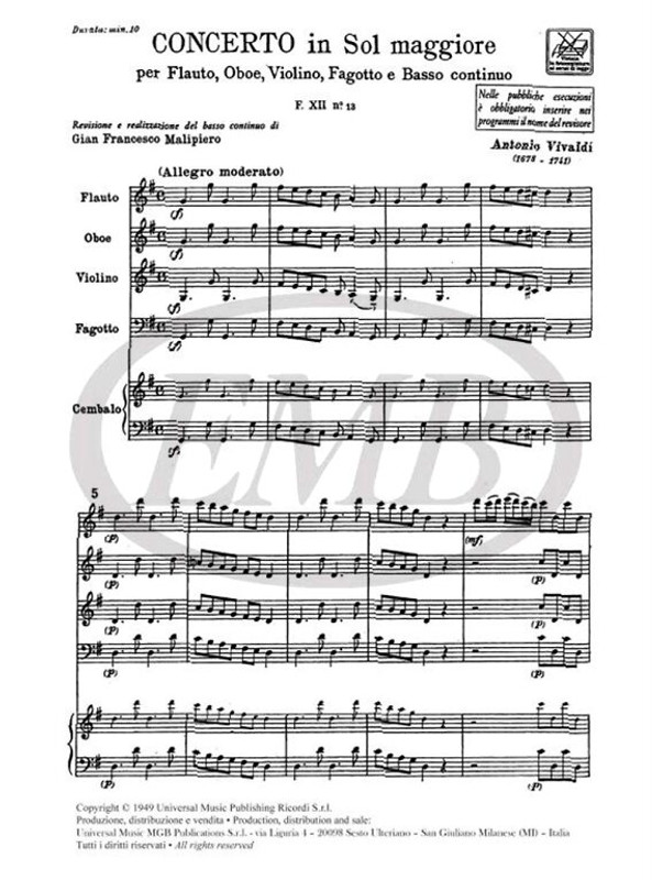 Vivaldi, Antonio: CONC. PER STRUM. DIVERSI E B.C.: IN SOL PER FL., OB., VL, / E FG. RV 101 - F.XII/13 / Ricordi / 1970