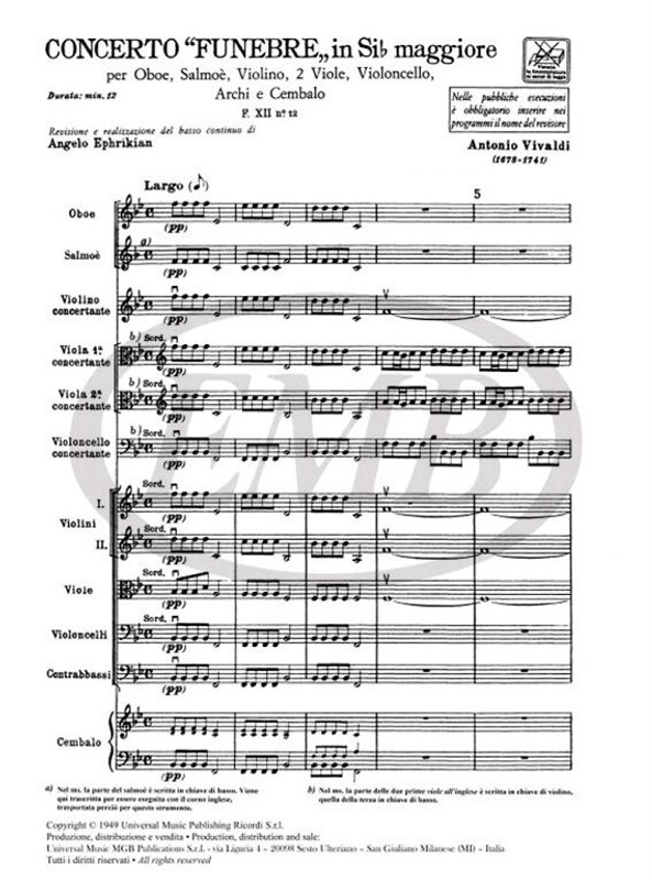 Vivaldi, Antonio: CONC. PER STRUM. DIVERSI, ARCHI E B.C.: IN SI BEM. PER OB. / SALMOE, VL., 2 VLE E VC. 'FUNEBRE' RV 579 - F.XII/12 / Ricordi / 1984