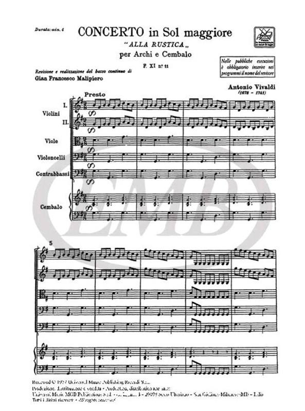 Vivaldi, Antonio: CONC. PER ARCHI E B.C.: IN SOL 'ALLA RUSTICA' RV 151 - F.X I/11 / Ricordi / 1984