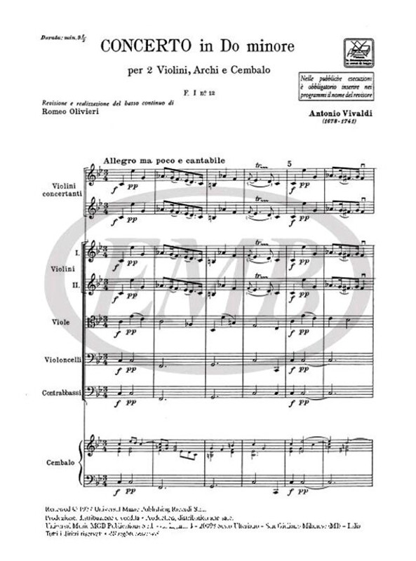 Vivaldi, Antonio: CONC. PER VL., ARCHI E B.C.: PER 2 VL. IN DO MIN. RV 509 - F.I/12 / Ricordi / 1984 Vivaldi, Antonio: CONC. PER VL., ARCHI E B.C.: PER 2 VL. IN DO MIN. RV 509 - F.I/12 / Ricordi / 1984