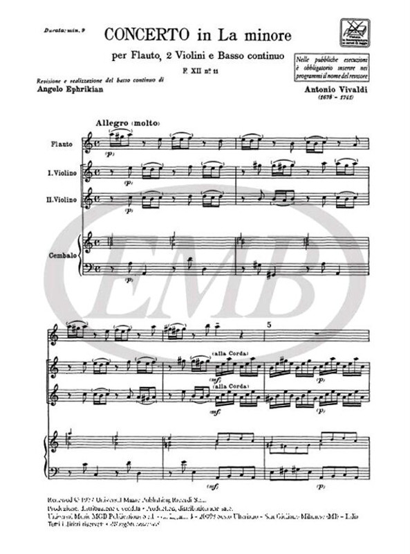 Vivaldi, Antonio: CONC. PER STRUM. DIVERSI E B.C.: IN LA MIN PER FL. E 2 VL. / RV 108 - F.XII/11 / Ricordi / 1984