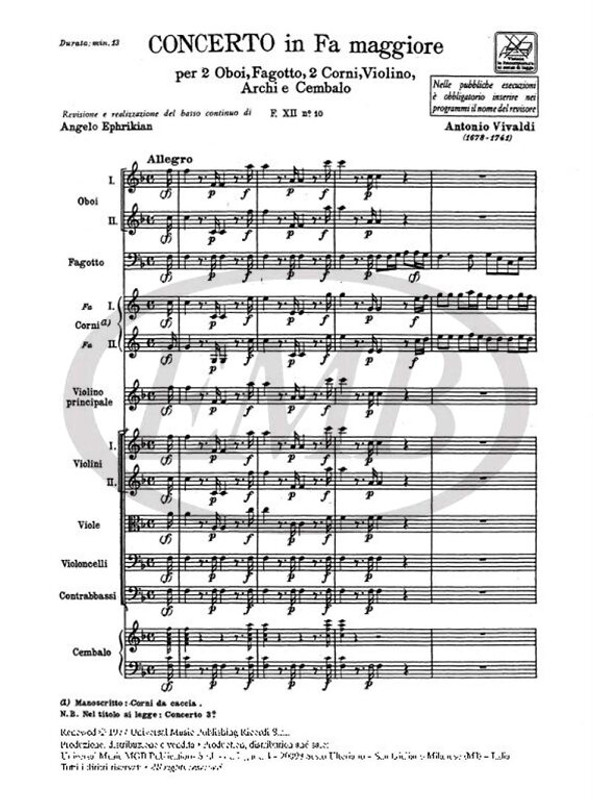 Vivaldi, Antonio: CONC. PER STRUM. DIVERSI, ARCHI E B.C.: IN FA PER 2 OB., F G., 2 CR. E VL. RV 569 - F.XII/10 / Ricordi / 1984