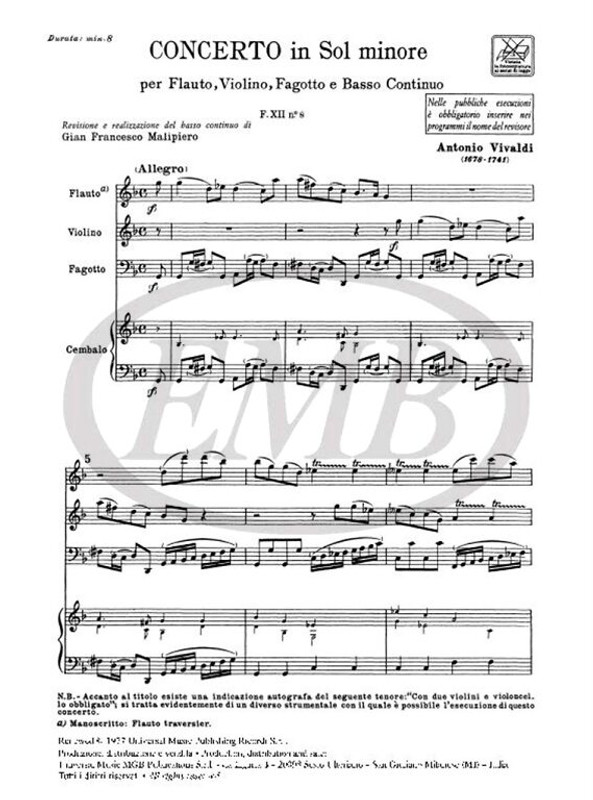 Vivaldi, Antonio: CONC. PER STRUM. DIVERSI E B.C.: IN SOL MIN PER FL., VL. E / FG. RV 106 - F.XII/8 / Ricordi / 1984