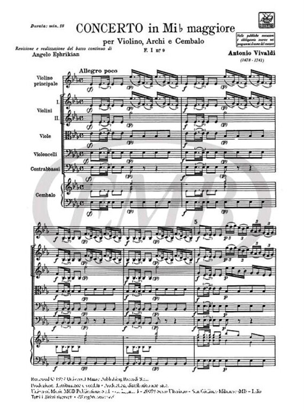 Vivaldi, Antonio: CONC. PER VL., ARCHI E B.C.: IN MI BEM. RV 254 - F.I/9 / Ricordi / 1984
