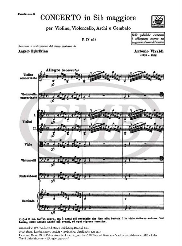 Vivaldi, Antonio: CONC. PER VL. E VC. SOLISTI, ARCHI E B.C.: IN SI BEM. RV 5 47 - F.IV/2 / score / Ricordi