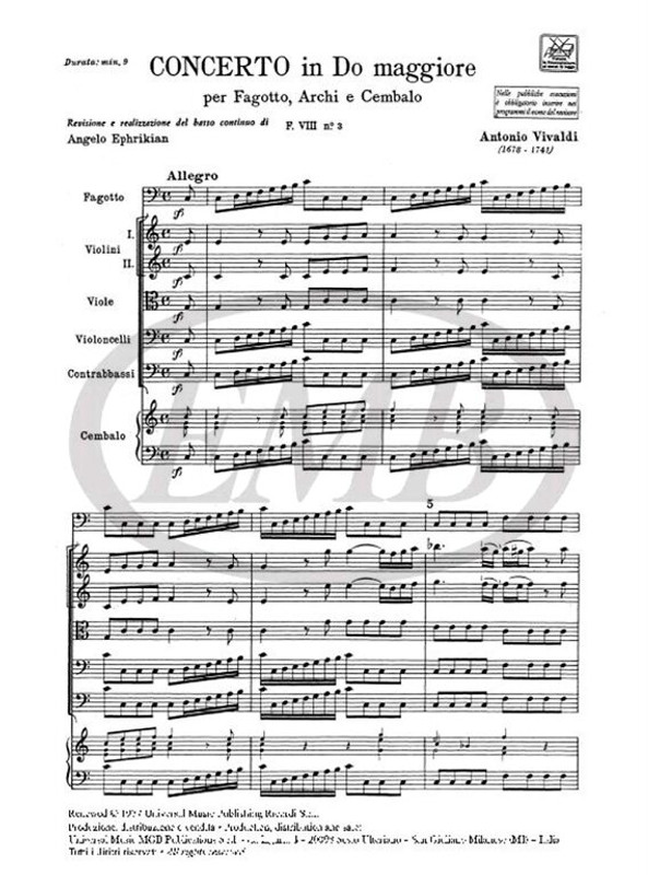 Vivaldi, Antonio: CONC. PER FG., ARCHI E B.C.: IN DO RV 478 - F.VIII/3 / Ricordi / 1984