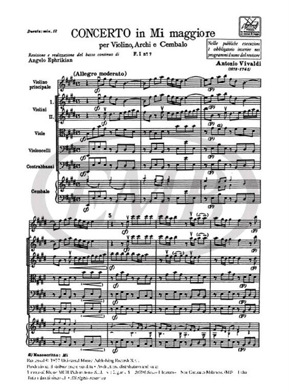 Vivaldi, Antonio: CONC. PER VL., ARCHI E B.C.: IN MI RV 268 - F.I/7 / Ricordi / 1984