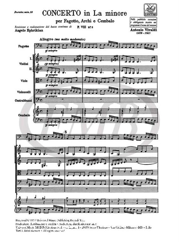 Vivaldi, Antonio: CONC. PER FG., ARCHI E B.C.: IN LA MIN. RV 498 - F.VIII/2 / score / Ricordi