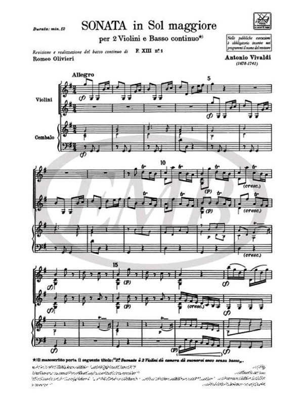 Vivaldi, Antonio: SON. PER VL. E B.C.: PER 2 VL. IN SOL RV 71 - F.XIII/1 / Ricordi / 1984