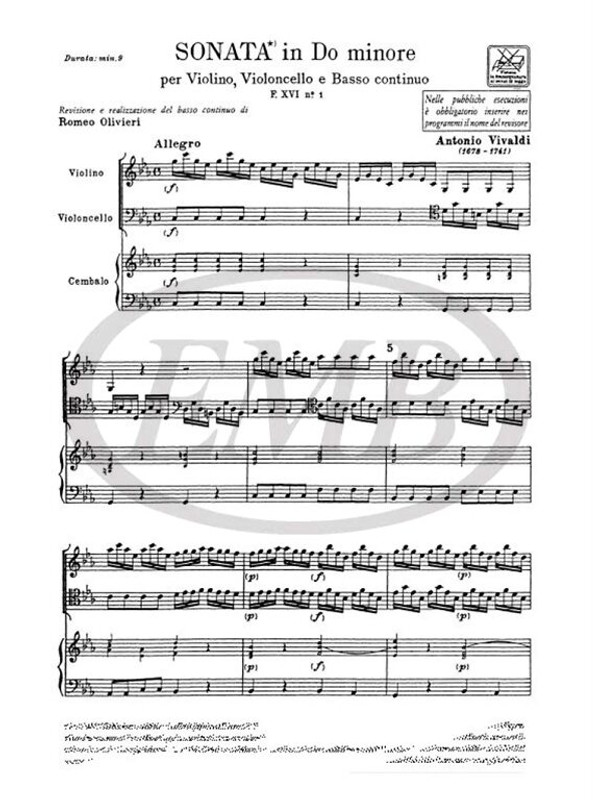 Vivaldi, Antonio: SON. PER STRUM. VARI E B.C.: PER VL. E VC. IN DO MIN. RV 8 3 - F.XVI/1 / Ricordi / 1984