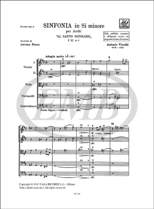 Vivaldi, Antonio: SINF. PER ARCHI E B.C.: IN SI MIN. 'AL SANTO SEPOLCRO' RV / 169 - F.XI/7 / parts / Ricordi