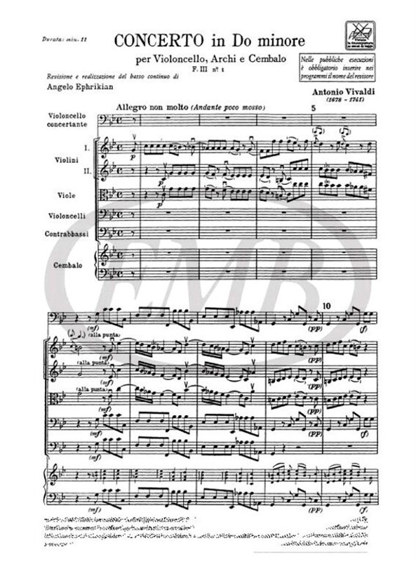 Vivaldi, Antonio: CONC. PER VC., ARCHI E B.C.: IN DO MIN. RV 401 - F.III/1 / score / Ricordi