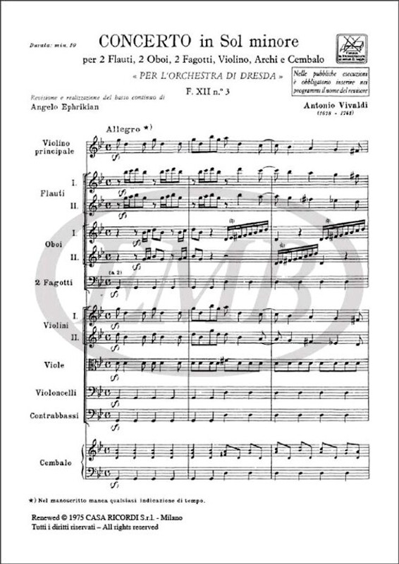 Vivaldi, Antonio: CONC. PER STRUM. DIVERSI, ARCHI E B.C.: IN SOL MIN. PER 2 / FL., 2 OB., 2 FG. E VL. 'PER L'ORCHESTRA DI DRESDA' RV 577 / Ricordi / 1984