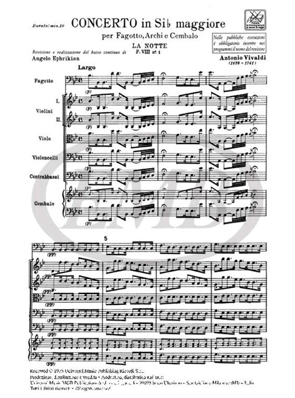 Vivaldi, Antonio: CONC. PER FG., ARCHI E B.C.: IN SI BEM. 'LA NOTTE' RV 501 - F.VIII/1 - / Ricordi / 1984