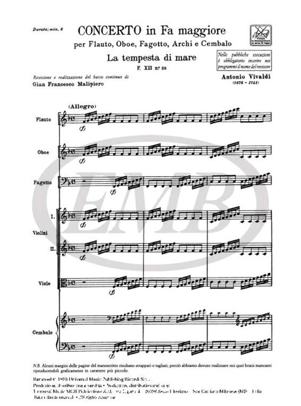 Vivaldi, Antonio: CONC. PER STRUM. DIVERSI, ARCHI E B.C.: IN FA PER FL., OB. E FG. 'LA TEMPESTA DI MARE' RV 570 - F.XII/28 / Ricordi / 1984