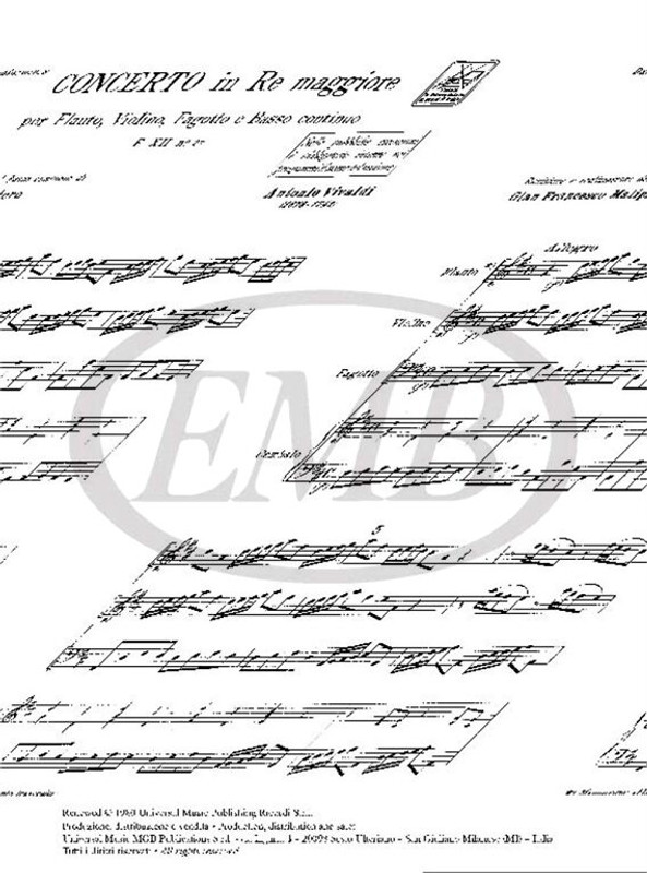 Vivaldi, Antonio: CONC. PER STRUM. DIVERSI E B.C.: IN RE PER FL., VL. E FG. RV 91 - F.XII/27 / Ricordi / 1984