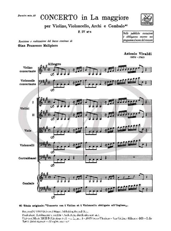 Vivaldi, Antonio: CONC. PER VL. E VC. SOLISTI, ARCHI E B.C.: IN LA RV 546 - / F.IV/6 / Ricordi