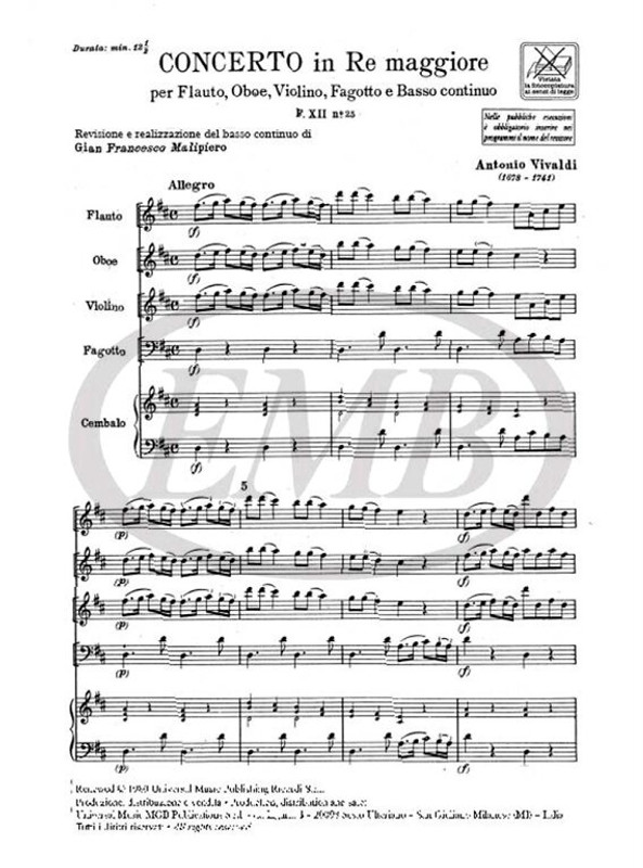 Vivaldi, Antonio: CONC. PER STRUM. DIVERSI E B.C.: IN RE PER FL., OB., VL. E FG. RV 94 - F.XII/25 / Ricordi / 1984
