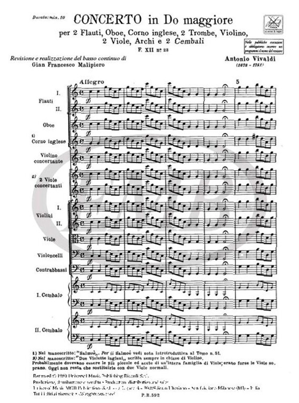 Vivaldi, Antonio: CONC. PER STRUM. DIVERSI, ARCHI E B.C.: IN DO PER 2 FL., O B., SALMOE, 2 TRB., 3 VL., 2 VLE E 2 VC., CON 2 CEMBALI RV / Ricordi / 1984