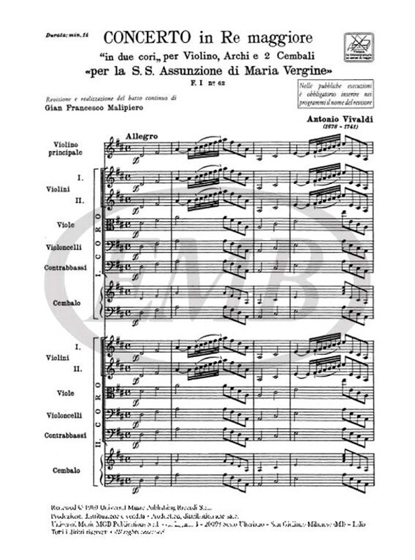 Vivaldi, Antonio: CONC. PER VL., ARCHI E B.C.: IN RE 'IN DUE CORI' 'PER LA S S. ASSUNZIONE DI MARIA VERGINE' RV 582 - F.I/62 / Ricordi / 1984