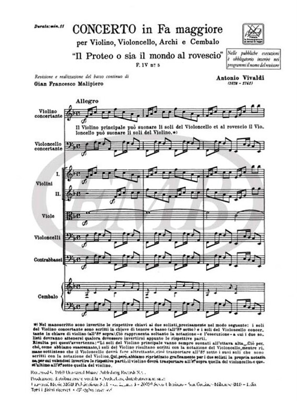 Vivaldi, Antonio: CONC. PER VL. E VC. SOLISTI, ARCHI E B.C.: IN FA 'IL PROTE O O SIA IL MONDO AL ROVESCIO' RV 544 - F.IV/5 / Ricordi / 1984