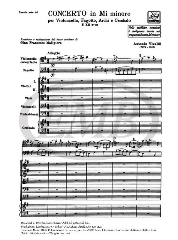 Vivaldi, Antonio: CONC. PER STRUM. DIVERSI, ARCHI E B.C.: IN MI MIN. PER VC. E FG. RV 409 - F.XII/22 / Ricordi / 1970