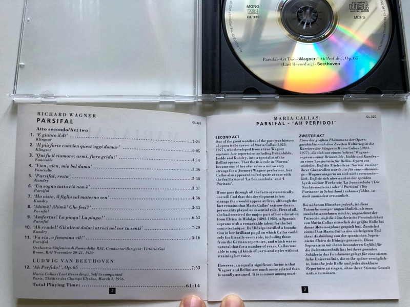 Maria Callas - Wagner Parsifal Parsifal - Act Two 1950; Beethoven 'Ah Perfido!' (Last Recording) 1976 / Gala Audio CD 1994 / GL 320