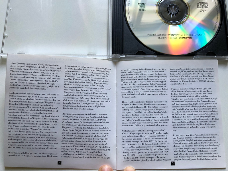 Maria Callas - Wagner Parsifal Parsifal - Act Two 1950; Beethoven 'Ah Perfido!' (Last Recording) 1976 / Gala Audio CD 1994 / GL 320