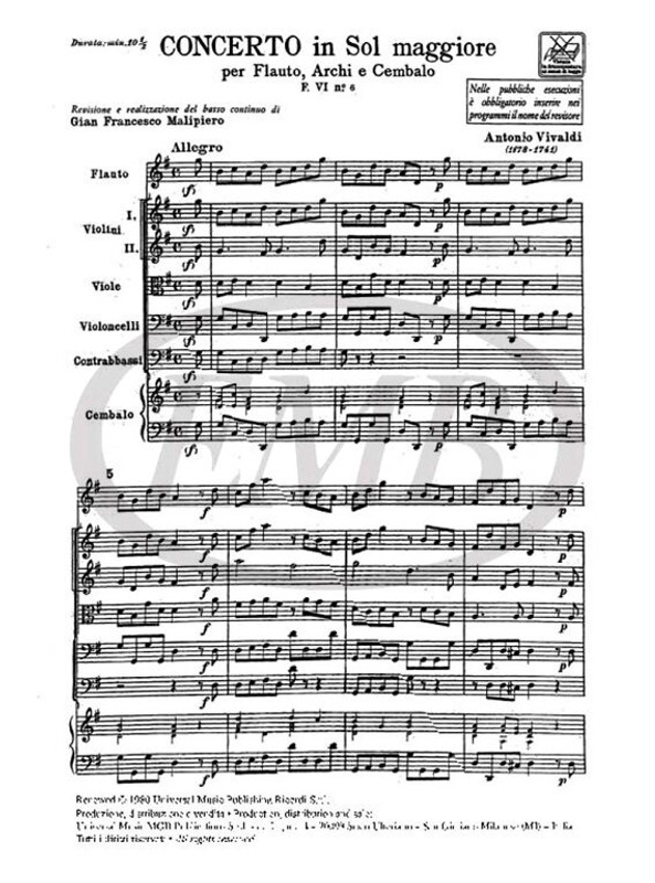 Vivaldi, Antonio: CONC. PER FL., ARCHI E B.C.: IN SOL RV 438 - F.VI/6 / Ricordi / 1984