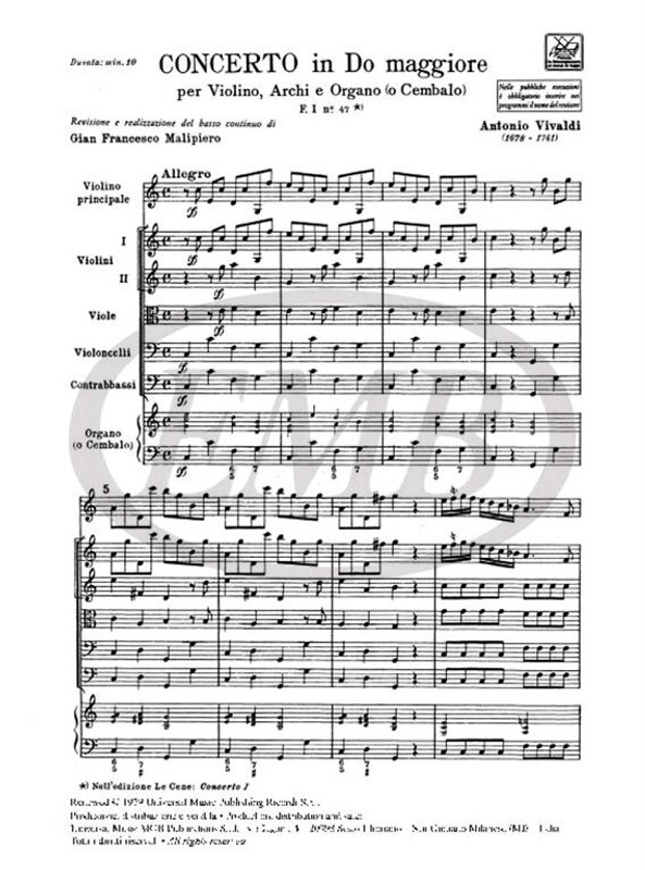 Vivaldi, Antonio: CONC. PER VL., ARCHI E B.C.: IN DO OP.IX N.1 - RV 181A - F .I/47 / Ricordi / 1984