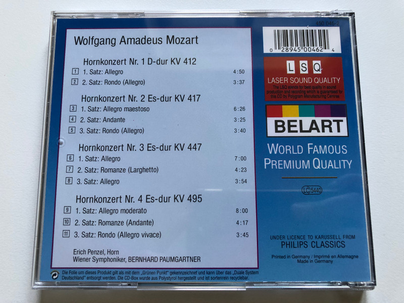 Mozart - Hornkonzerte / Erich Penzel, Wiener Symphoniker, Bernhard Paumgartner / Belart Audio CD Stereo / 450 046-2