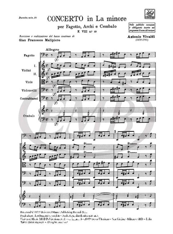 Vivaldi, Antonio: CONC. PER FG., ARCHI E B.C.: IN LA MIN. RV 500 - F.VIII/10 / Ricordi / 1984
