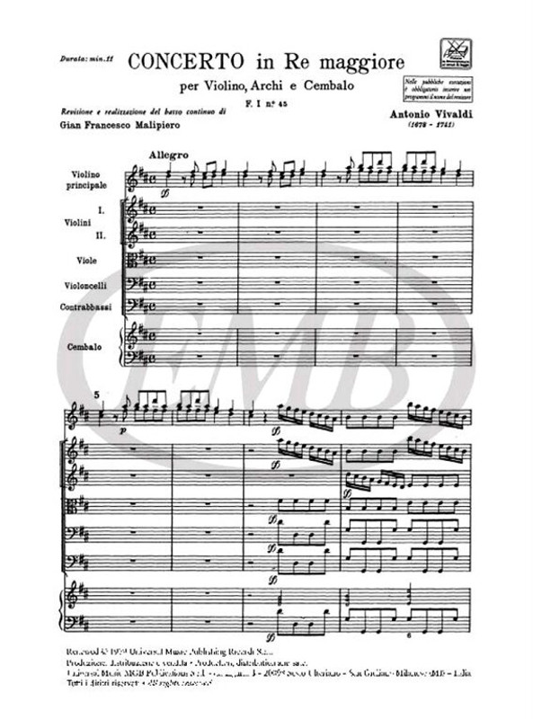 Vivaldi, Antonio: CONC. PER VL., ARCHI E B.C.: IN RE RV 229 - F.I/45 / Ricordi