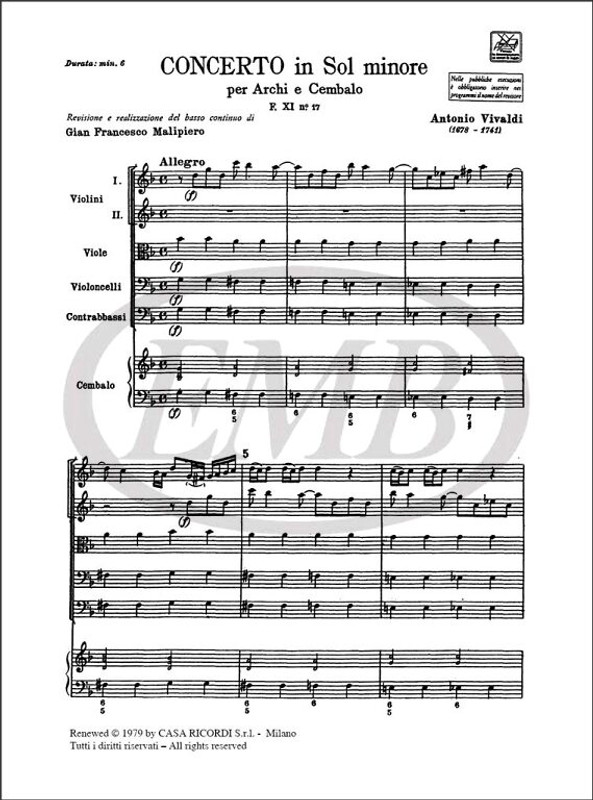 Vivaldi, Antonio: CONC. PER ARCHI E B.C.: IN SOL MIN. RV 156 - F.XI/17 / Ricordi / 1984