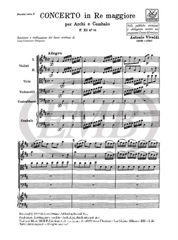 Vivaldi, Antonio: CONC. PER ARCHI E B.C.: IN RE RV 126 - F.XI/15 / Ricordi / 1984