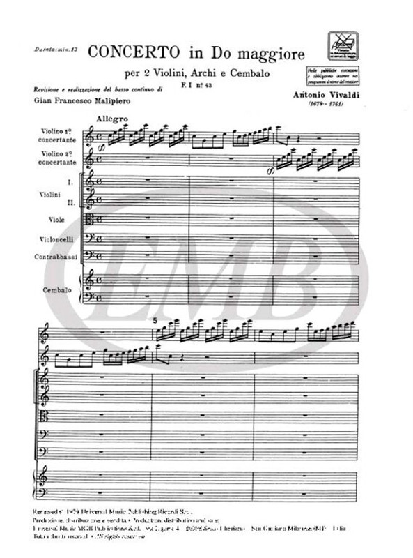 Vivaldi, Antonio: CONC. PER VL., ARCHI E B.C.: PER 2 VL. IN DO RV 507 - F.I/ / Ricordi / 1984