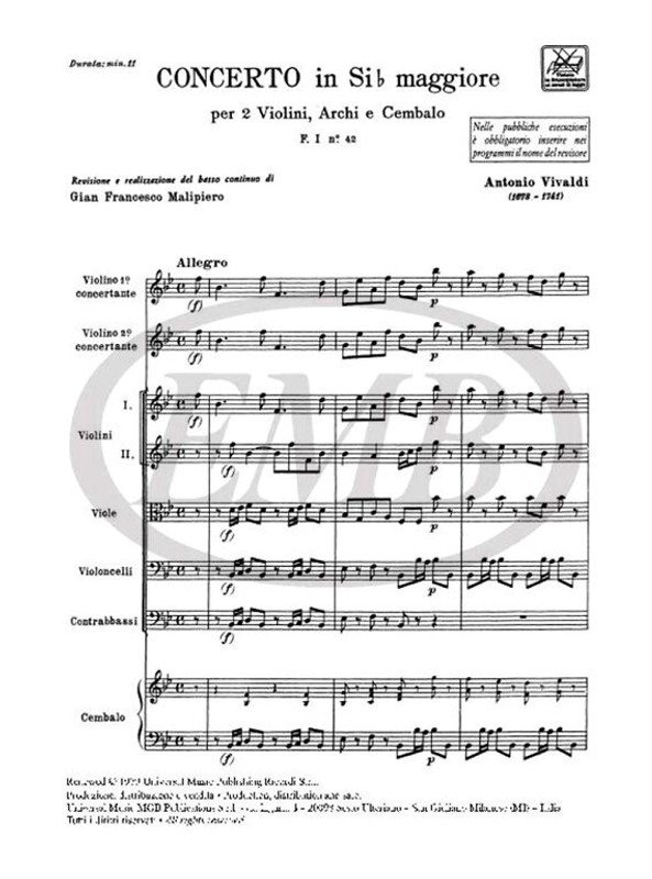 Vivaldi, Antonio: CONC. PER VL., ARCHI E B.C.: PER 2 VL. IN SI BEM. RV 529 - F.I/42 / Ricordi / 1984