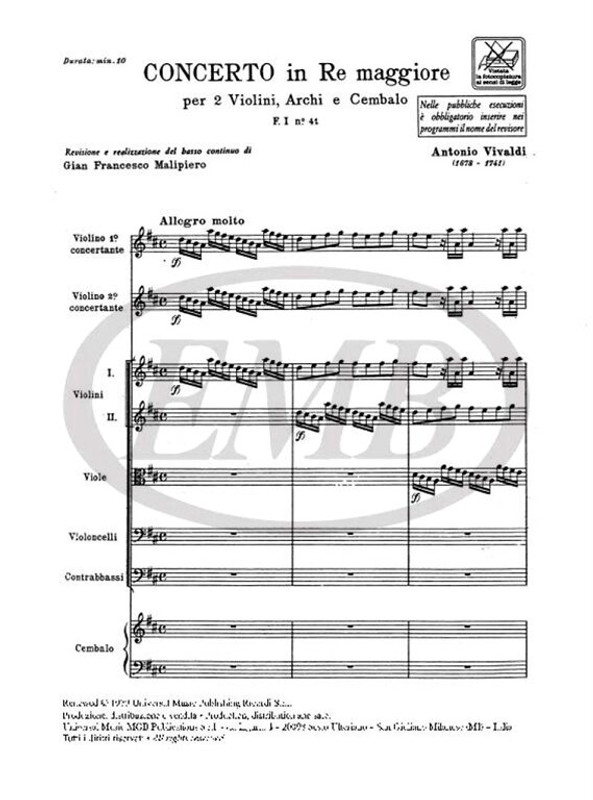 Vivaldi, Antonio: CONC. PER VL., ARCHI E B.C.: PER 2 VL. IN RE RV 512 / F. I N. 41 - TOMO 108 / Ricordi / 1984