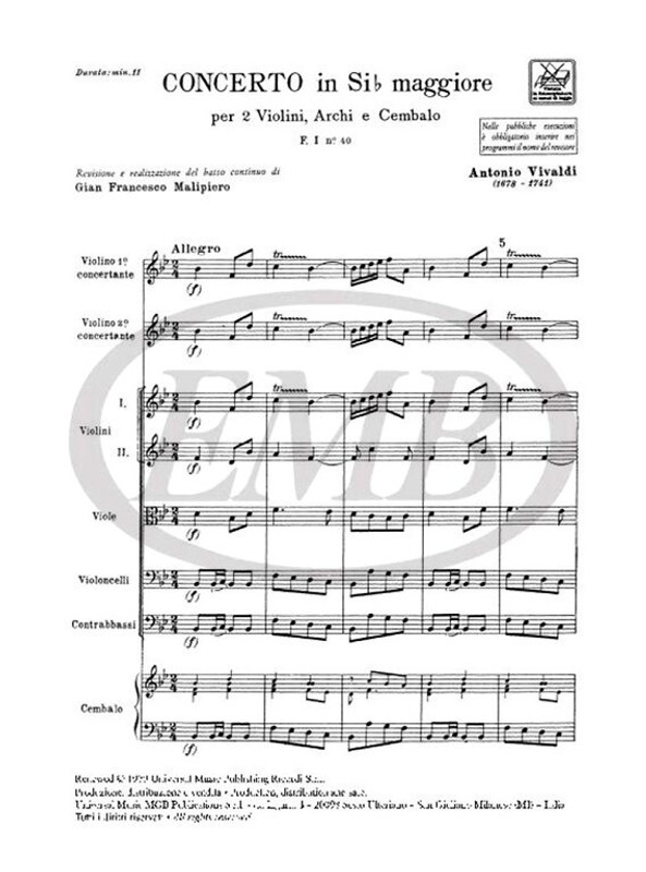 Vivaldi, Antonio: CONC. PER VL., ARCHI E B.C.: PER 2 VL. IN SI BEM. RV 524 - F.I/40 / Ricordi / 1984