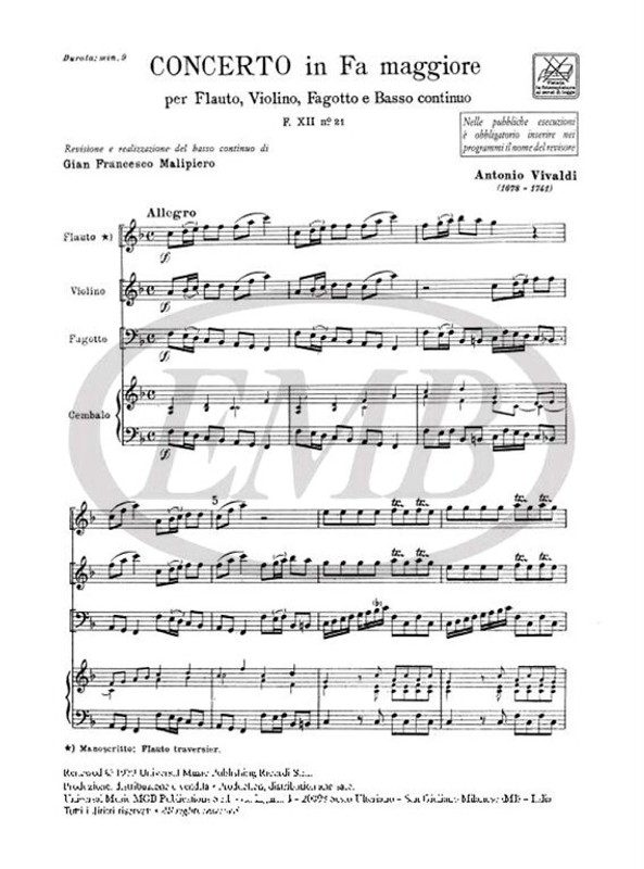 Vivaldi, Antonio: CONC. PER STRUM. DIVERSI E B.C.: IN FA PER FL., VL. E FG. / RV 100 - F.XII/21 / Ricordi / 1984