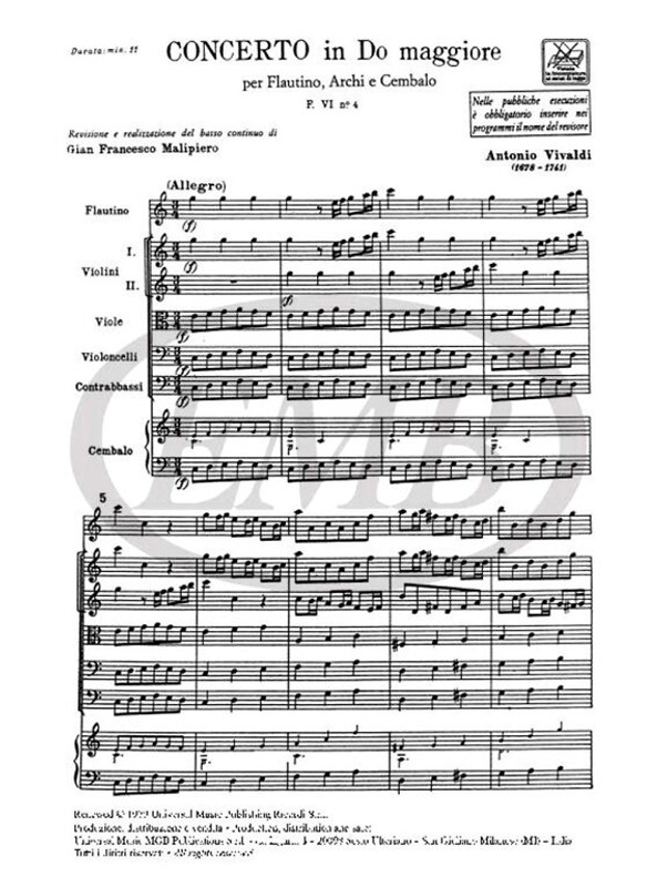 Vivaldi, Antonio: CONC. PER OTTAVINO ('FLAUTINO'), ARCHI E B.C.: IN DO RV 44 / 3 - F.VI/4 / Ricordi