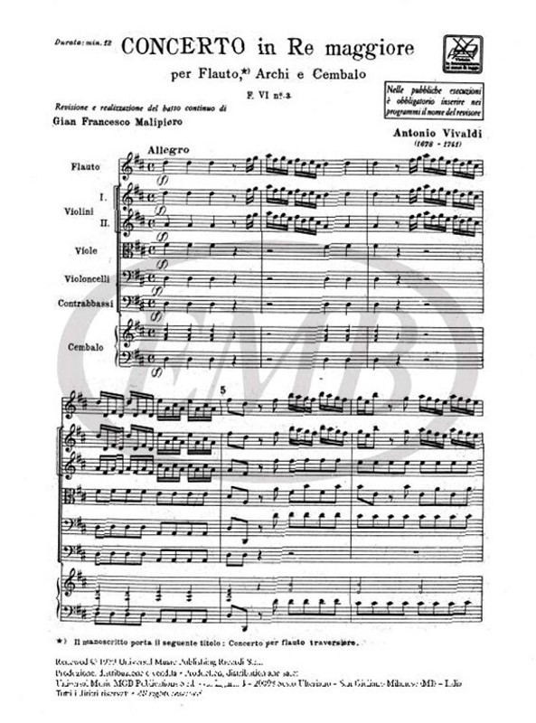 Vivaldi, Antonio: CONC. PER FL., ARCHI E B.C.: IN RE RV 427 - F.VI/3 / Ricordi / 1984