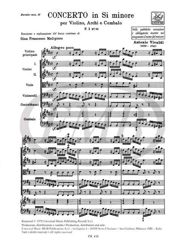 Vivaldi, Antonio: CONC. PER VL., ARCHI E B.C.: IN SI MIN. RV 389 - F.I/38 / Ricordi / 1984
